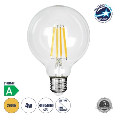 GLOBOSTAR® BUBBLE 99084 Λάμπα E27 G95 LED 4W 840lm 360° AC 220-240V IP20 Θερμό Λευκό 2700K - Long Filament Chip - Διάφανο - Μ9.5 x Π9.5 x Υ13.8cm - 3 Χρόνια Εγγύηση
